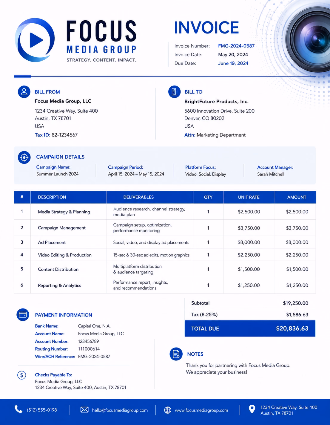 Free Media Invoice Template Media invoice template showing media services, campaign details, production costs, and payment information