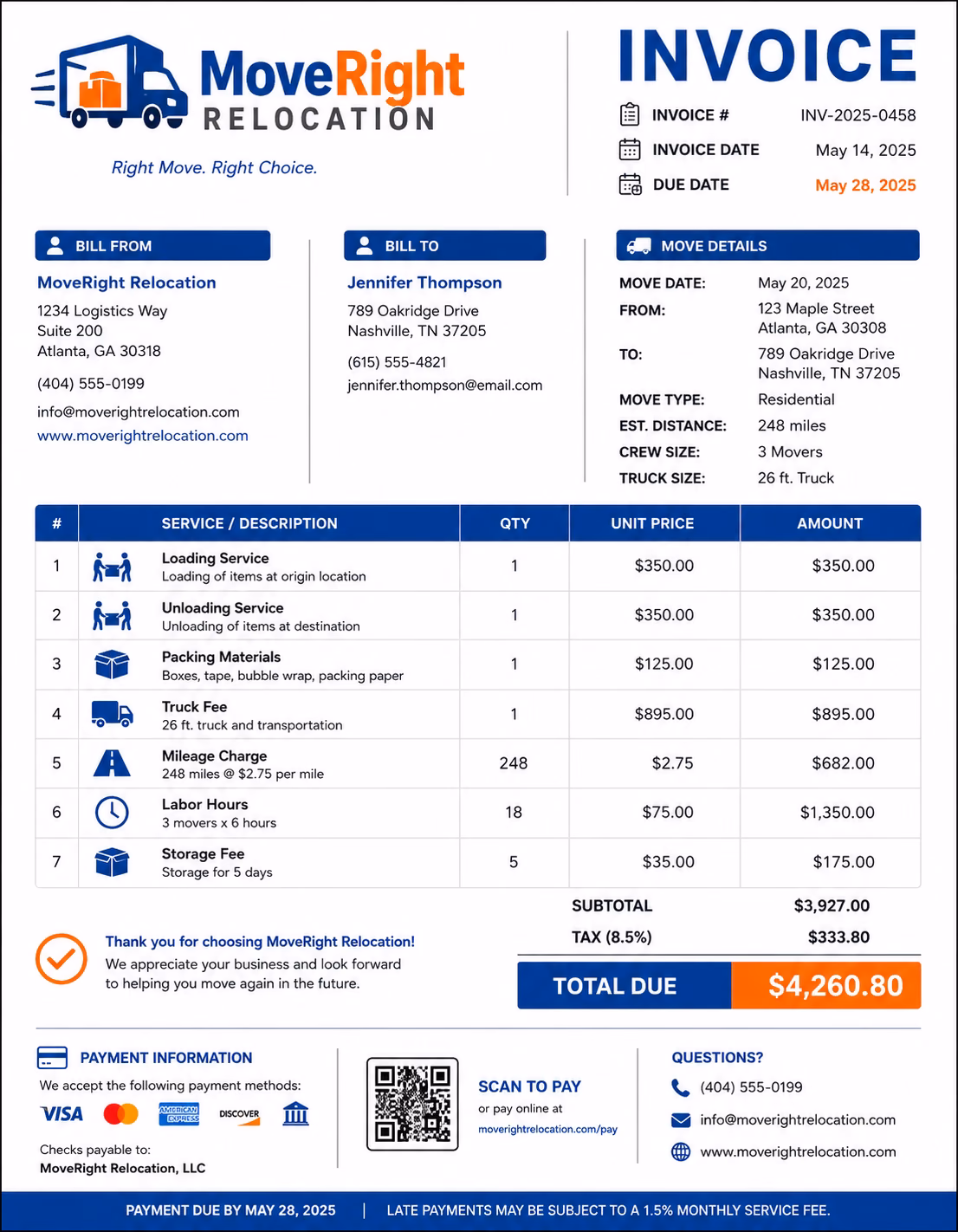 Free Moving Company Invoice Template Moving company invoice template showing packing, loading, transportation, mileage, labor, supplies, deposits, taxes, and payment details