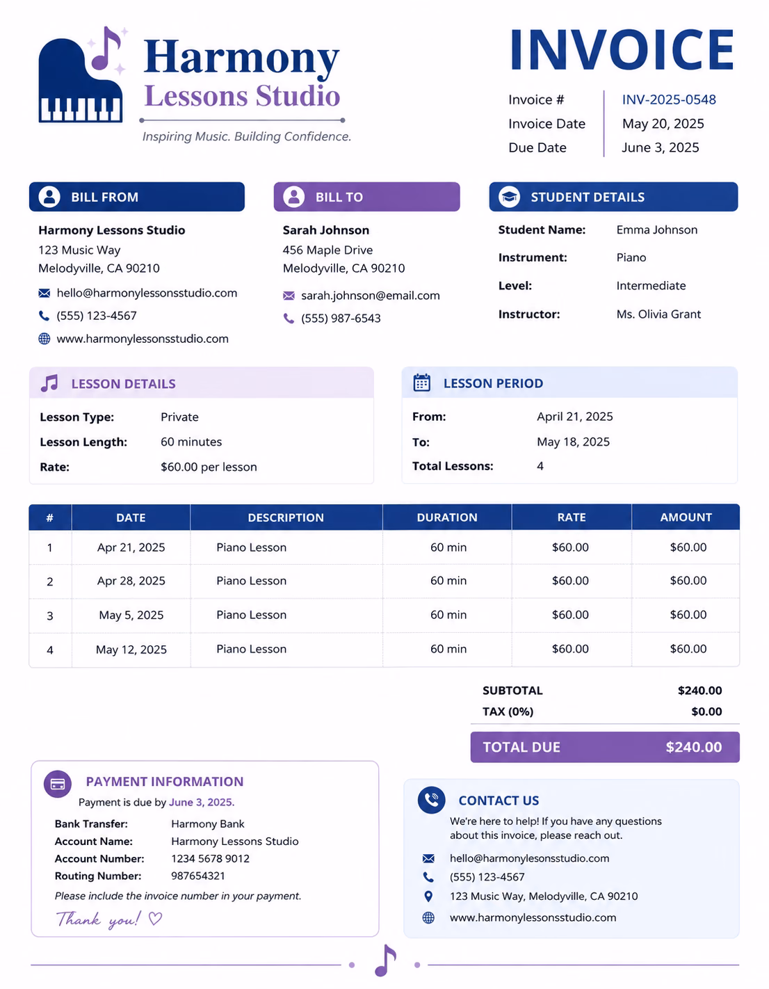 Free Music Teacher Invoice Template Music teacher invoice template showing music lessons, session details, tuition fees, and payment information