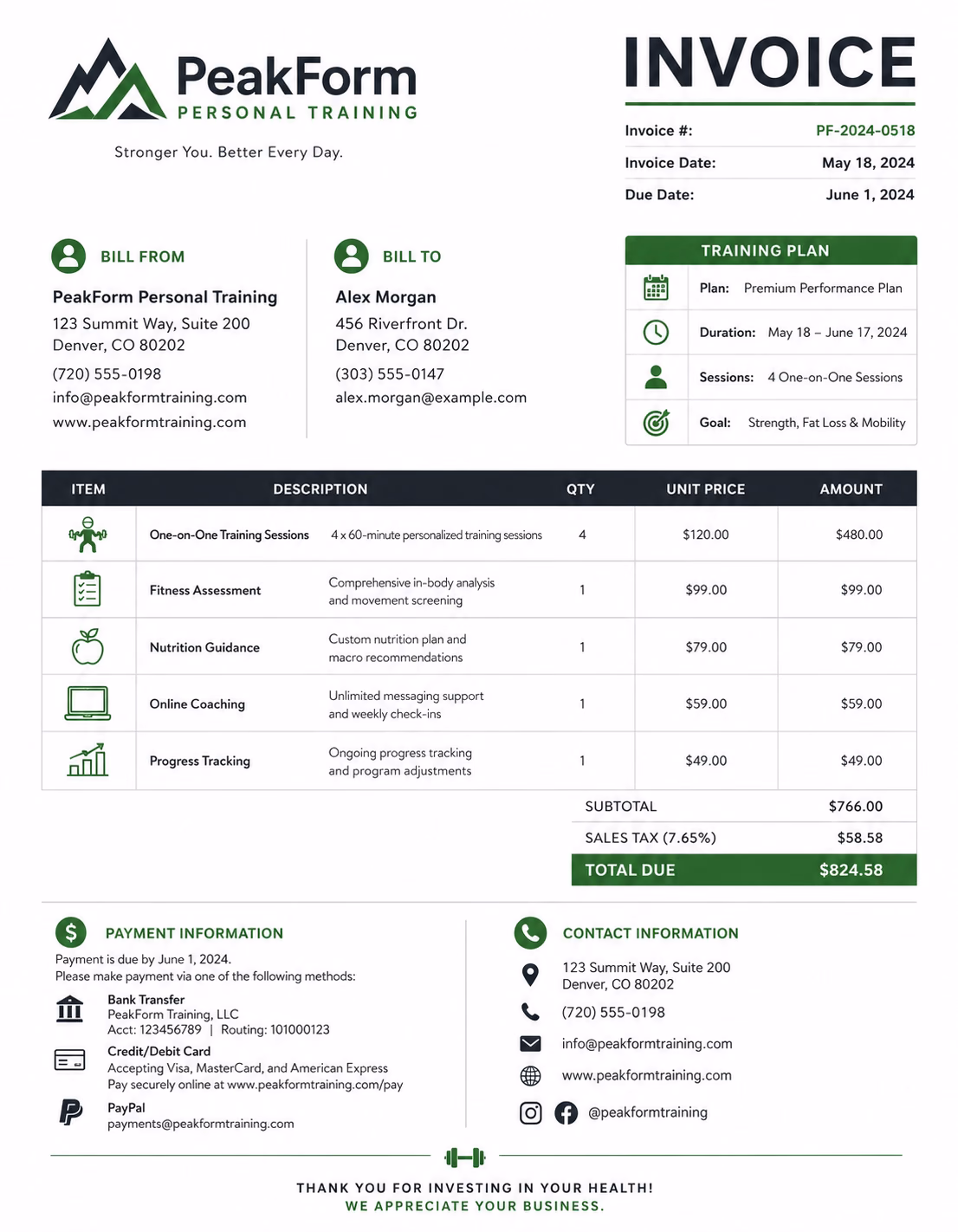 Free Personal Trainer Invoice Template Personal trainer invoice template showing fitness coaching services, training sessions, service fees, and payment information
