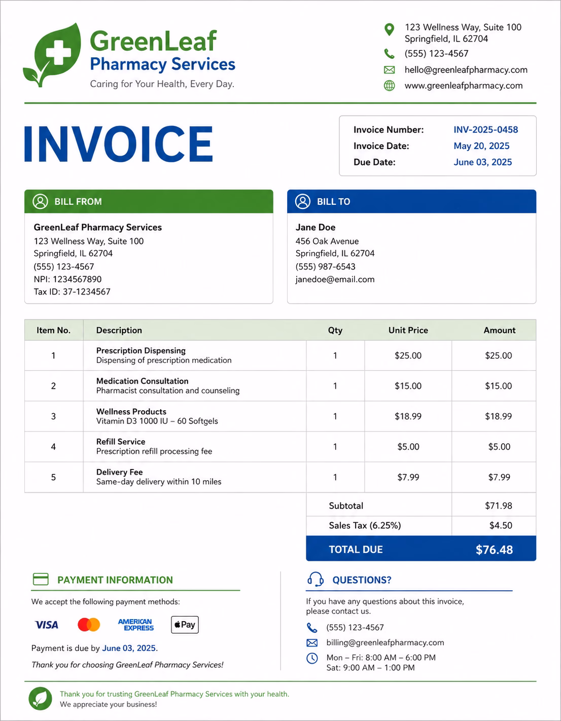 Free Pharmacist Invoice Template Pharmacist invoice template showing pharmacy services, medication details, dispensing charges, and payment information