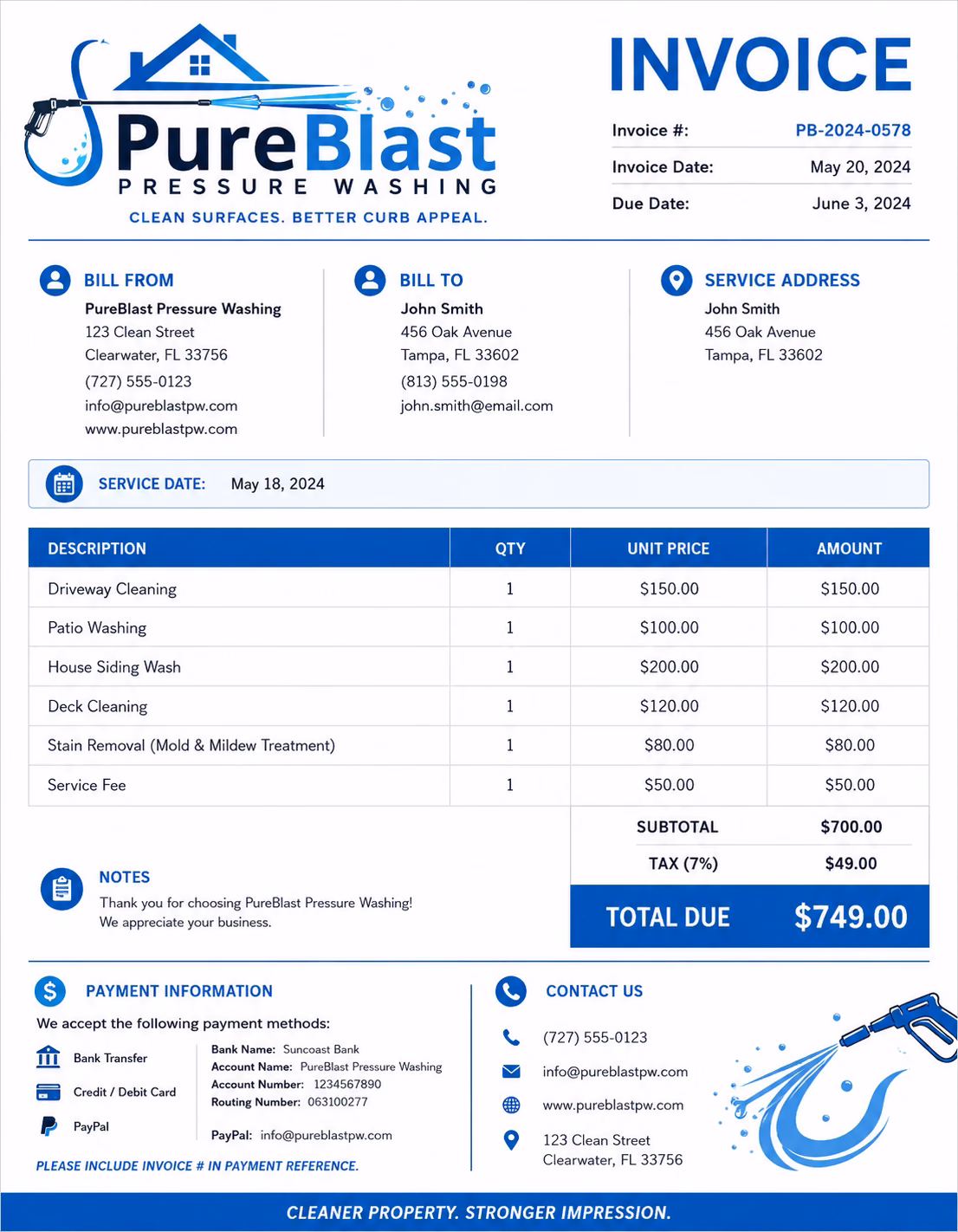 Free Pressure Washing Invoice Template Pressure washing invoice template showing pressure washing services, cleaning details, labor charges, and payment information