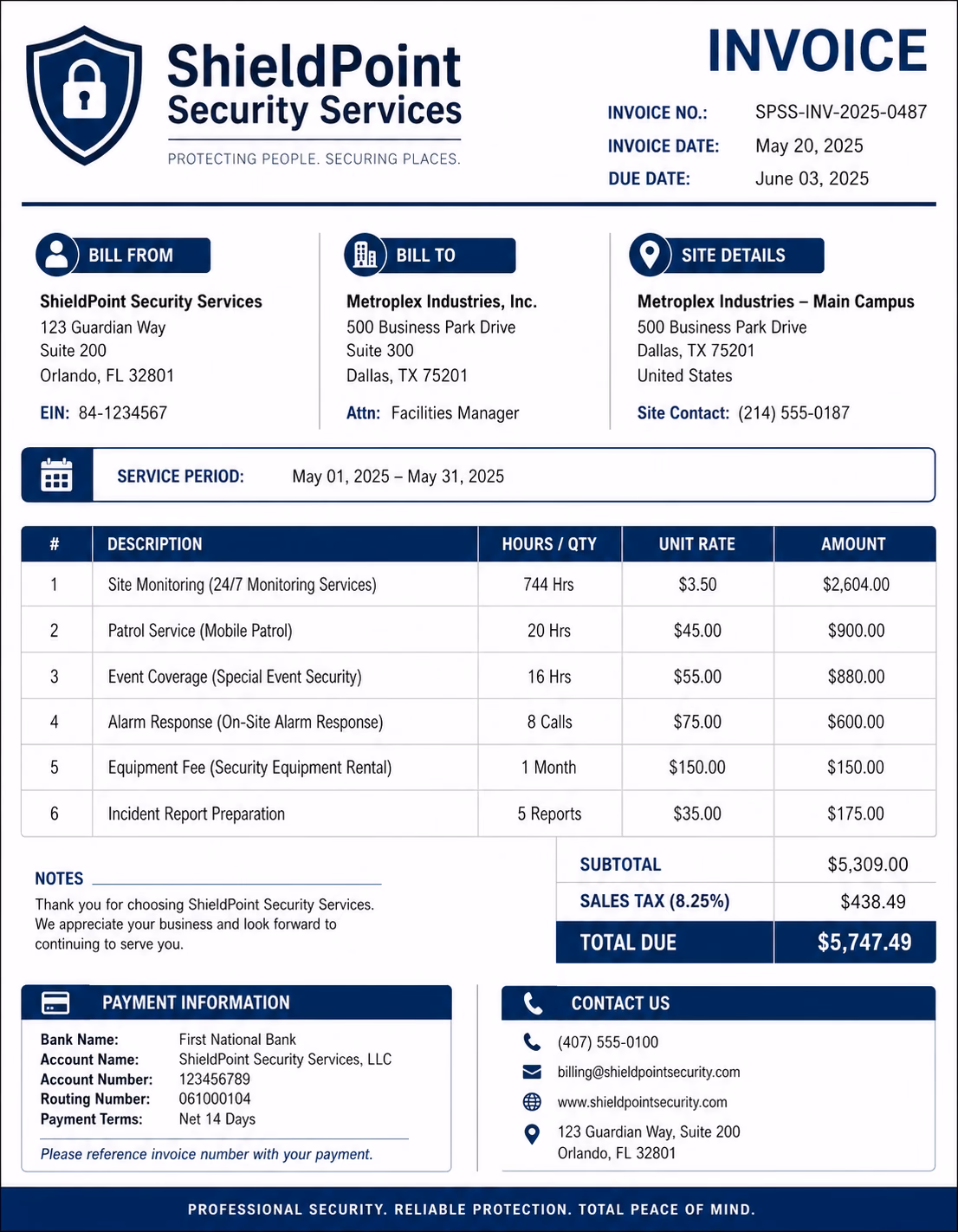 Free Security Invoice Template Security invoice template showing security services, service hours, site details, and payment information