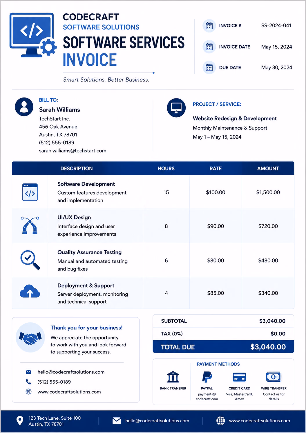 Free Software Service Invoice Template Software services invoice template showing software development services, project details, service charges, and payment information