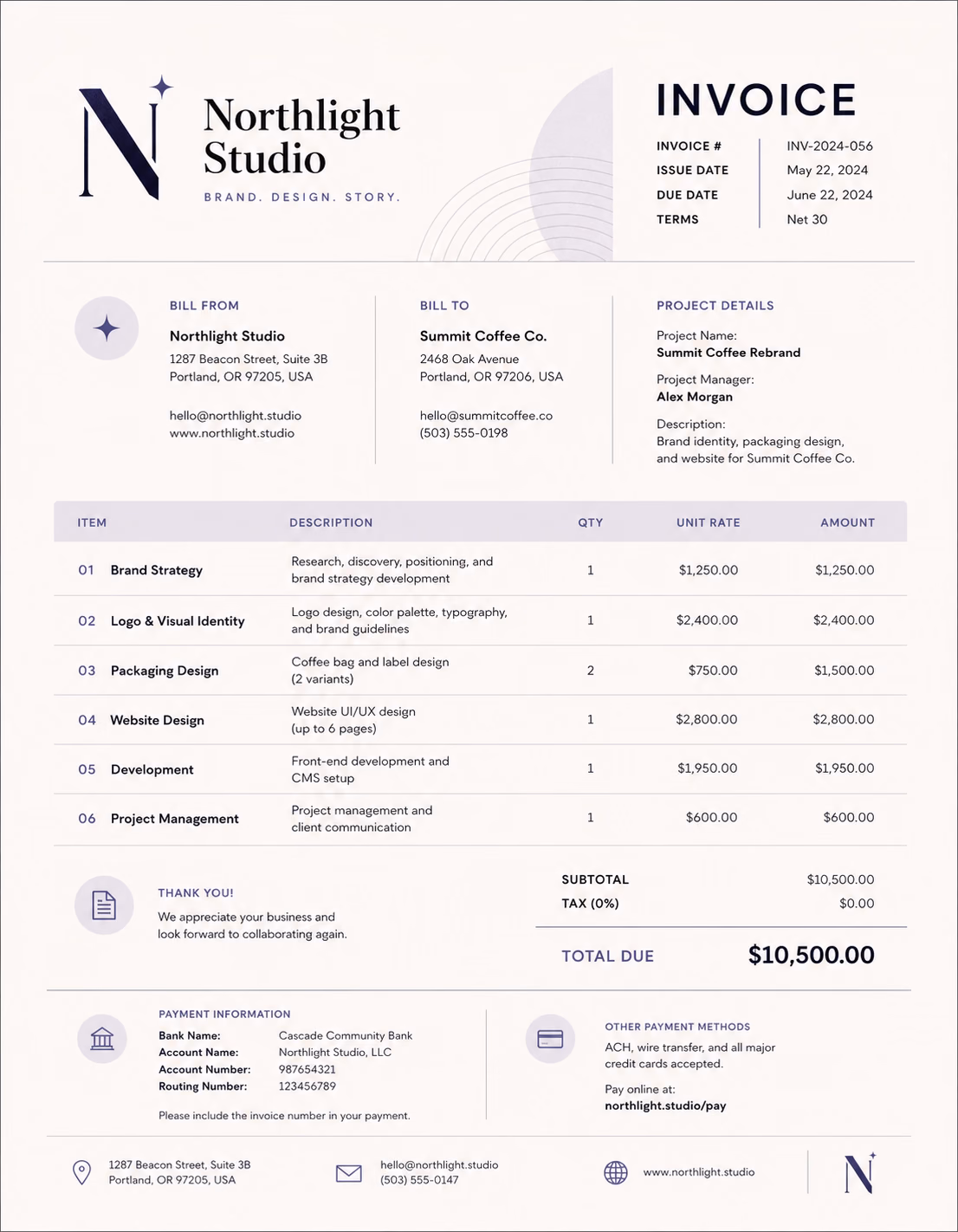 Free Studio Invoice Template Studio invoice template showing studio services, booking details, session charges, and payment information