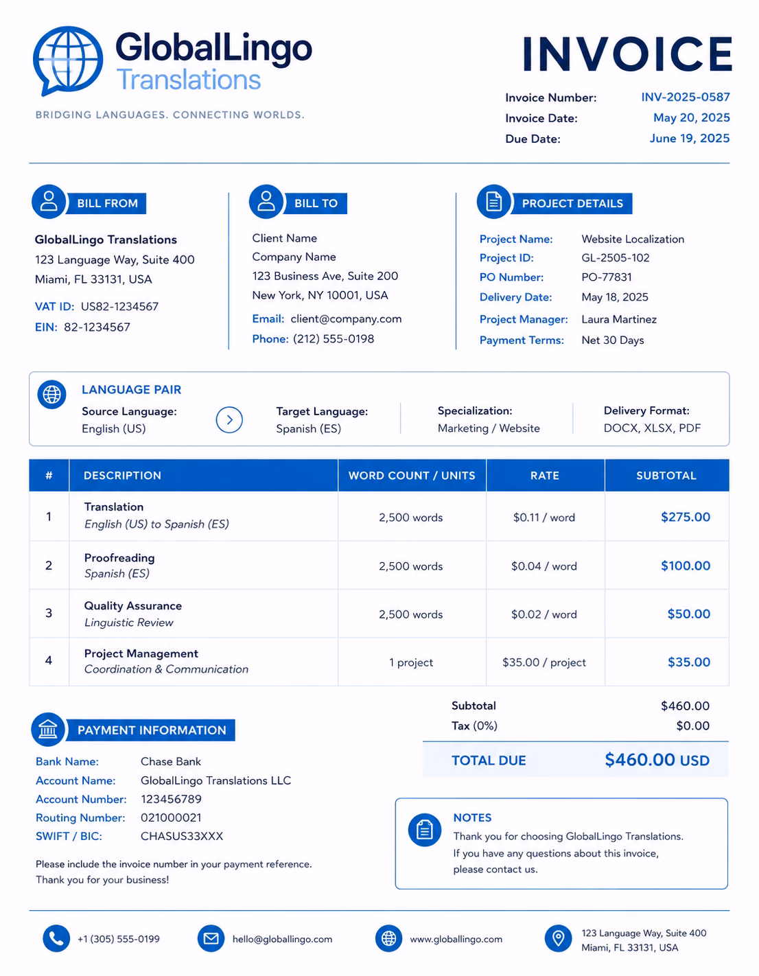 Free Translation Invoice Template Translation invoice template showing translation services, project details, language pairs, and payment information