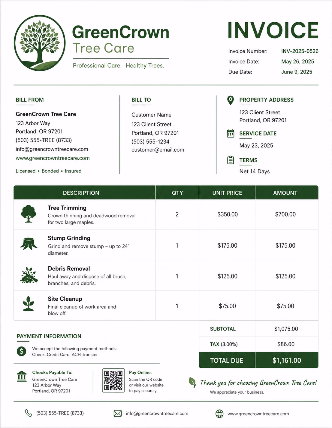 Free Tree Service Invoice Template Tree service invoice template showing tree removal and maintenance services, labor charges, equipment costs, and payment information