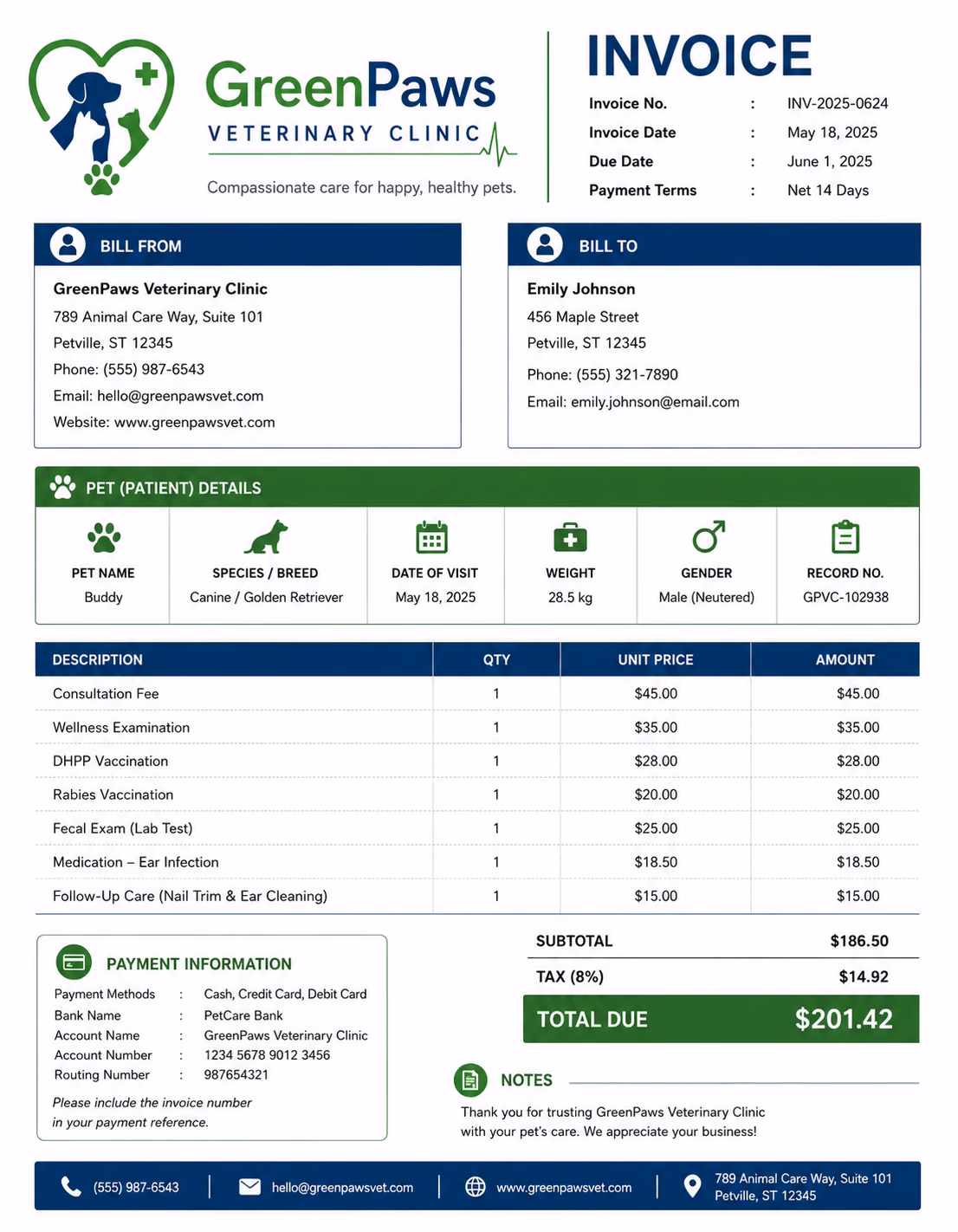 Free Veterinary Invoice Template Veterinary invoice template showing veterinary services, pet treatment details, medical charges, and payment information