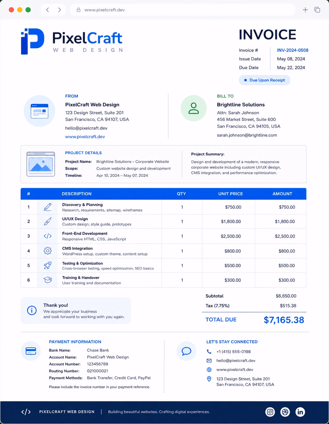 Free Web Design Invoice Template Web design invoice template showing website design services, project details, design charges, and payment information