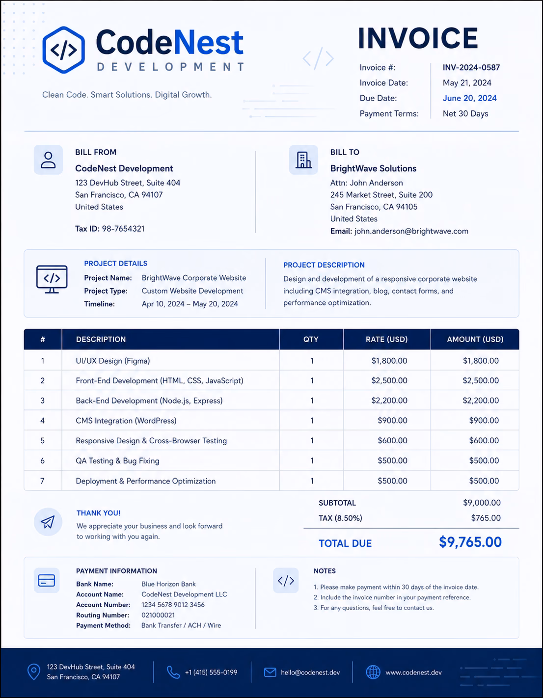 Free Web Development Invoice Template Web development invoice template showing website development services, project details, development charges, and payment information