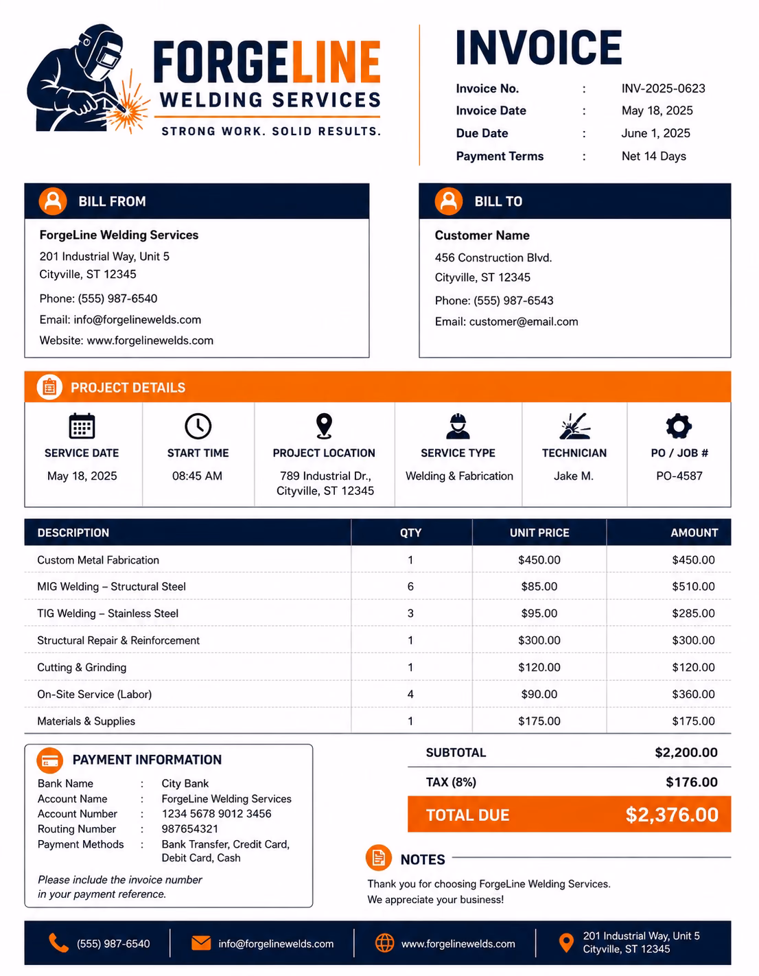 Free Welding Invoice Template Welding invoice template showing welding services, labor charges, materials, and payment information