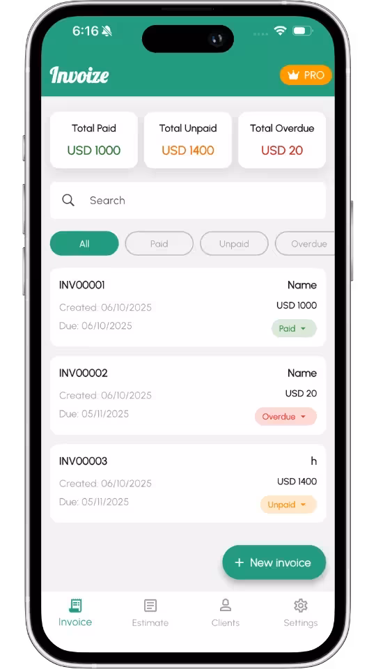 Invoize app dashboard screenshot