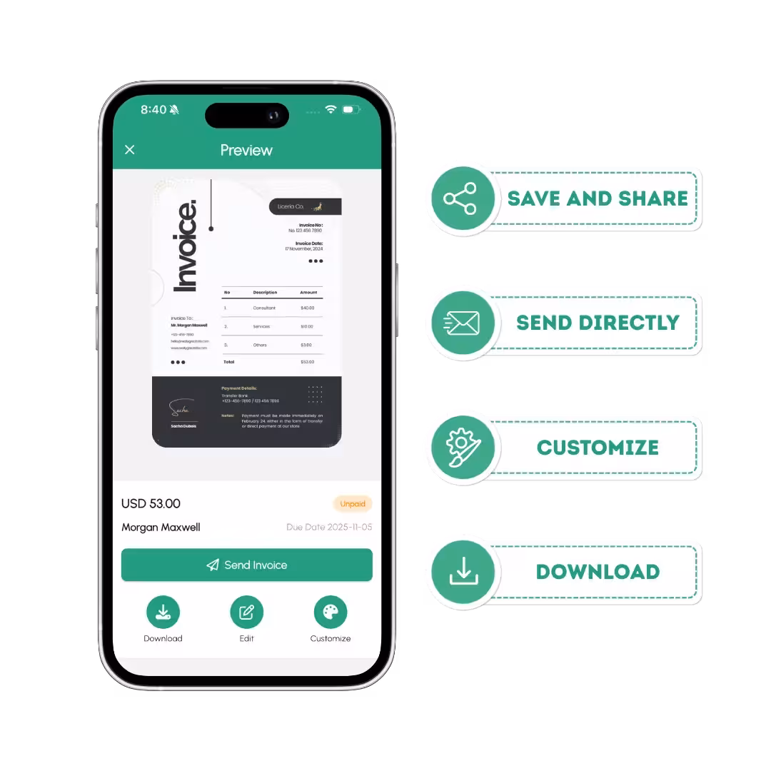 Invoize app features – invoices, estimates, receipts and payment tracking