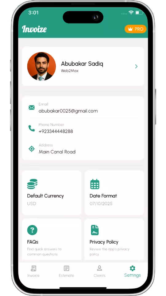 PDF invoice generator in Invoize app