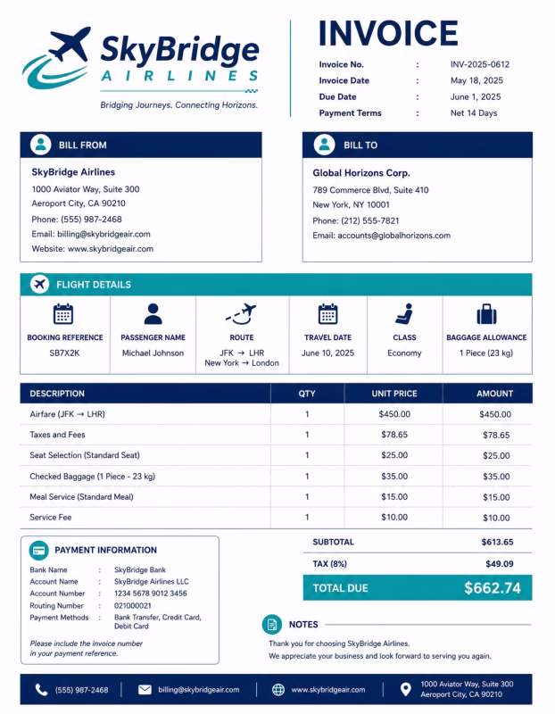 Airline invoice template showing flight booking details, ticket charges, travel services, and payment information