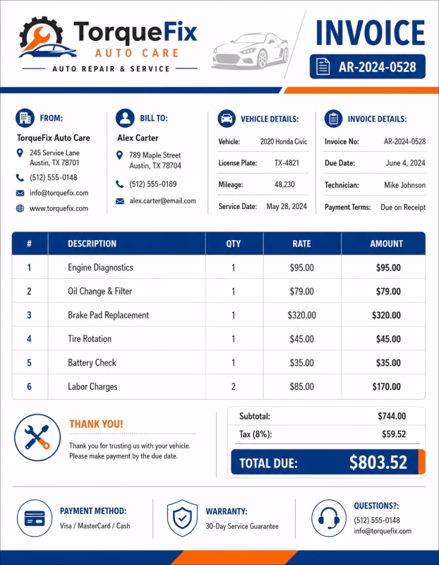 Auto repair and mechanic invoice template showing labor charges, parts, vehicle details, and payment information