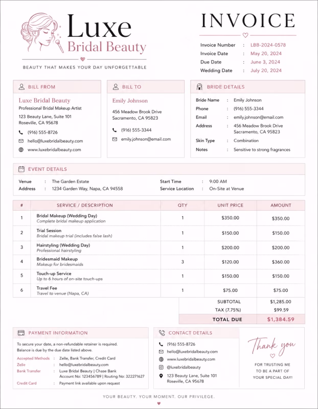 Bridal makeup invoice template showing makeup services, wedding details, service charges, and payment information