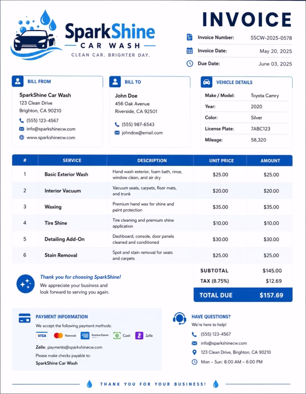 Car wash invoice template showing vehicle cleaning services, service details, wash packages, and payment information