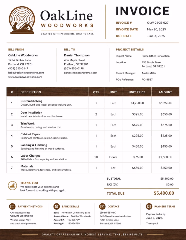 Carpentry invoice template showing woodworking services, materials, labor charges, and payment details