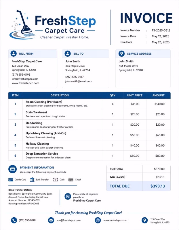 Carpet cleaning invoice template showing cleaning services, service details, labor charges, and payment information