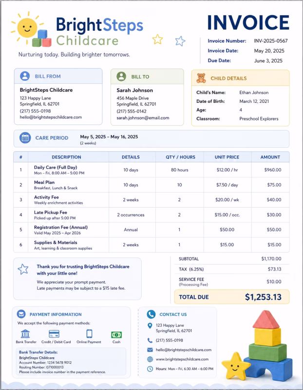 Childcare invoice template showing childcare services, care hours, service charges, and payment information