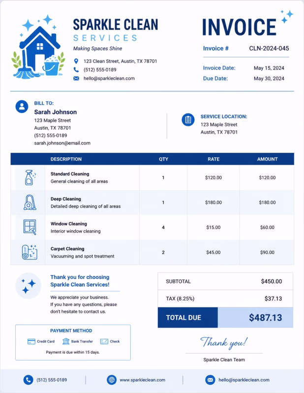 Cleaning invoice template showing cleaning services, service details, labor charges, and payment information