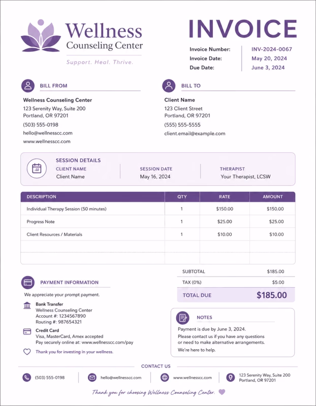 Counseling invoice template showing counseling services, session details, consultation fees, and payment information