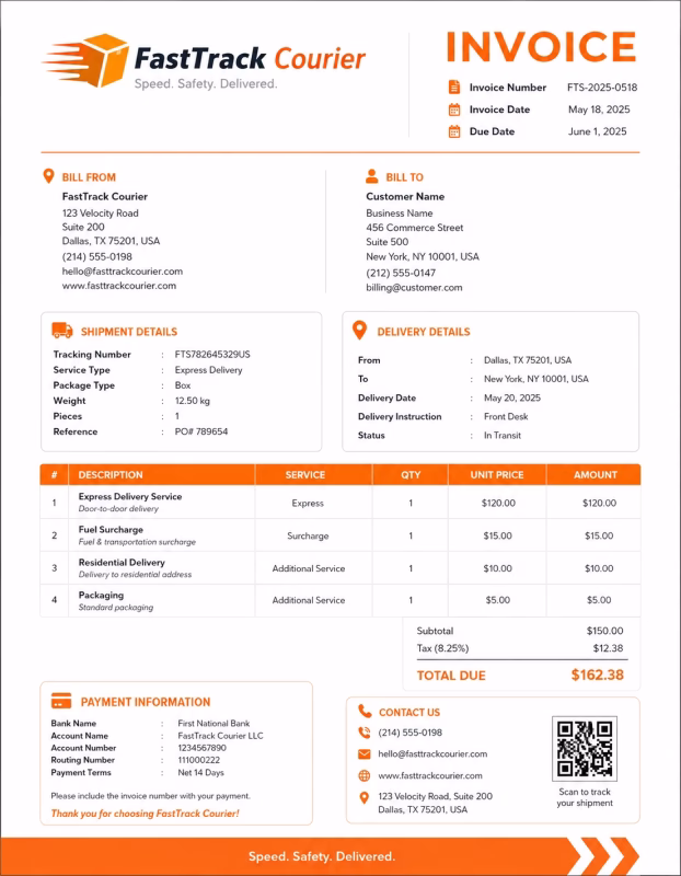 Courier invoice template showing delivery services, shipment details, transportation charges, and payment information