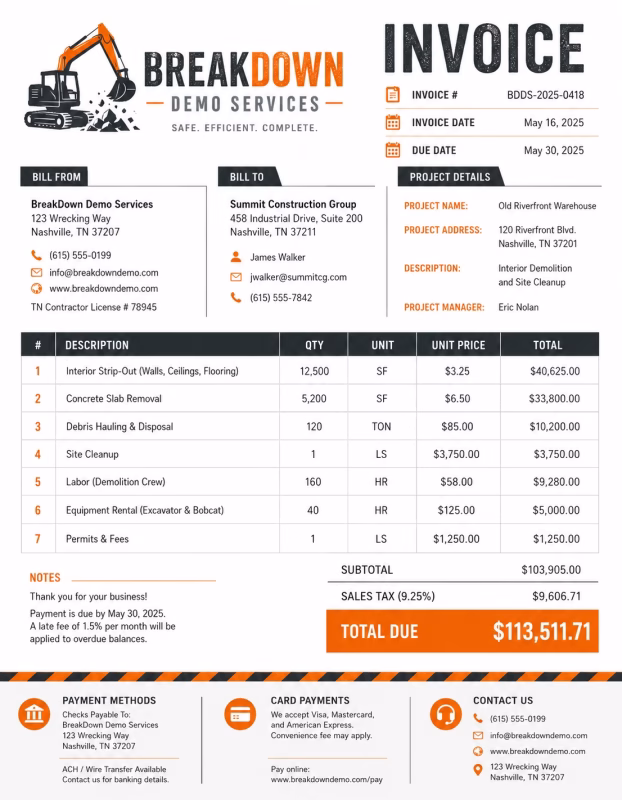 Demolition invoice template showing demolition services, equipment costs, debris removal charges, and payment details