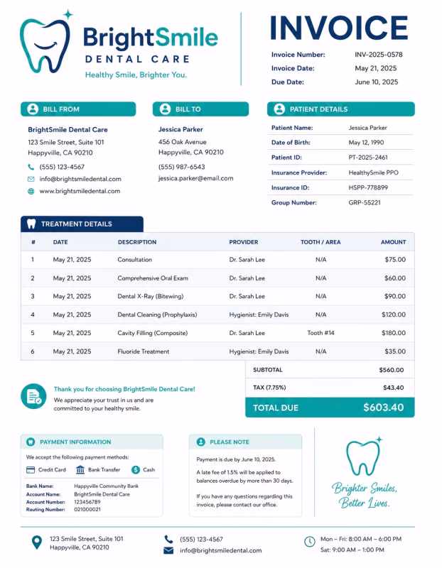 Dental invoice template showing dental treatment services, procedure details, treatment charges, and payment information