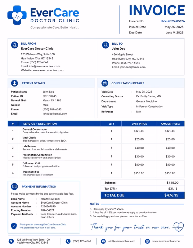 Doctor invoice template showing medical consultation services, treatment details, healthcare charges, and payment information