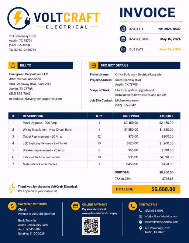 Electrical invoice template showing electrical services, labor charges, materials, and payment details