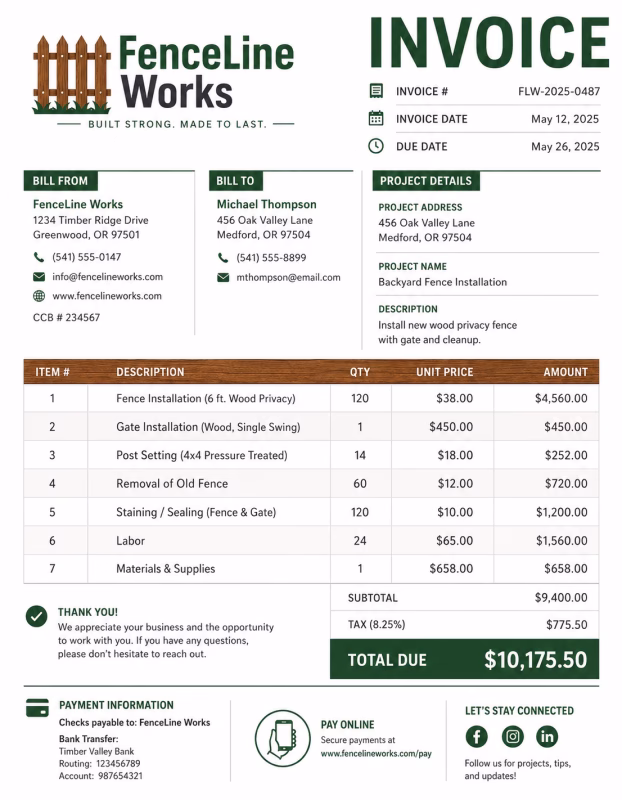 Fencing invoice template showing fence installation services, materials, labor charges, and payment details