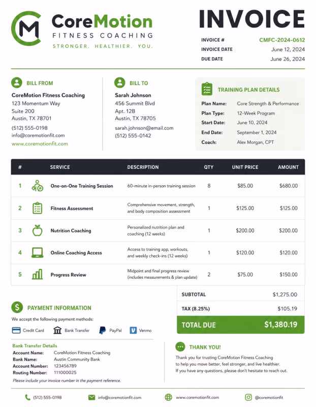 Fitness instructor invoice template showing personal training services, session details, coaching fees, and payment information