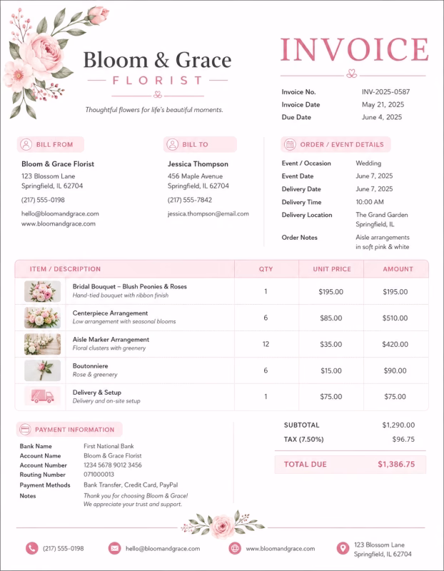 Florist invoice template showing floral services, flower arrangements, order details, and payment information
