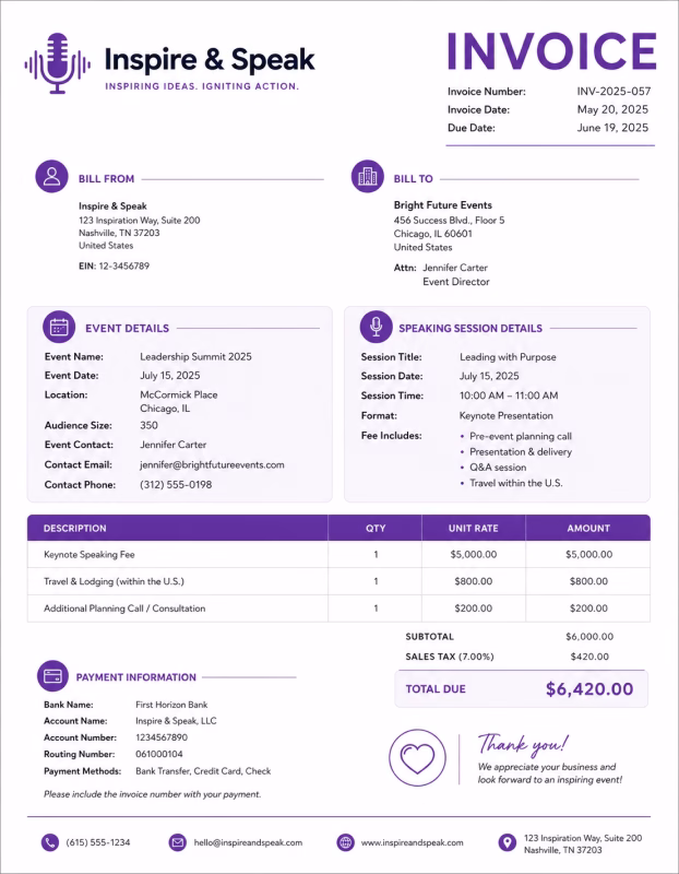 Guest speaker invoice template showing speaking services, event details, appearance fees, and payment information