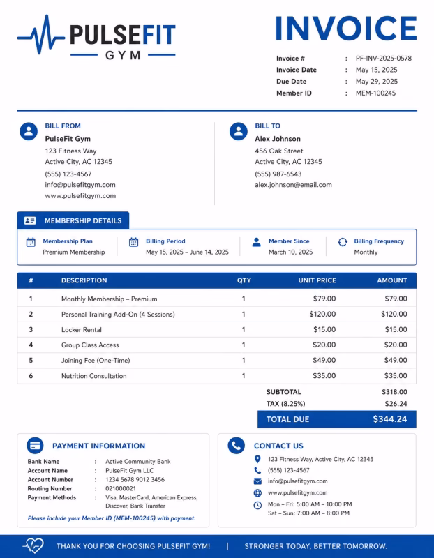 Gym invoice template showing gym membership fees, training services, subscription charges, and payment information
