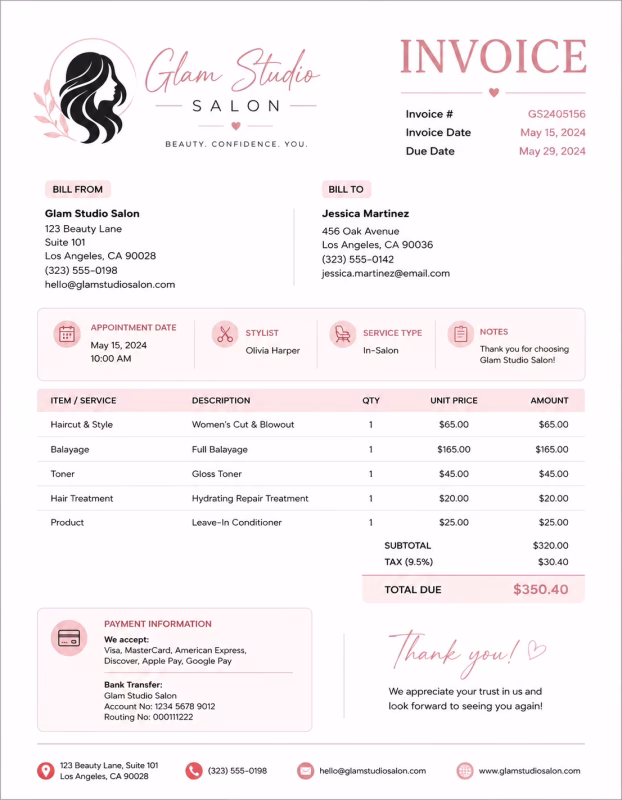 Hair salon invoice template showing salon services, treatment details, service charges, and payment information