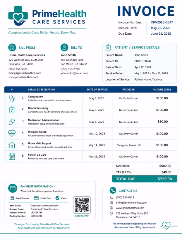 Health care invoice template showing healthcare services, treatment details, medical charges, and payment information
