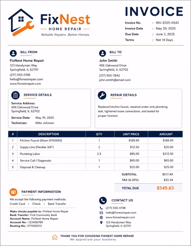 Home repair invoice template showing repair services, labor charges, materials, and payment information