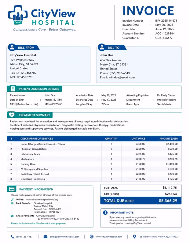 Hospital invoice template showing medical services, treatment details, healthcare charges, and payment information