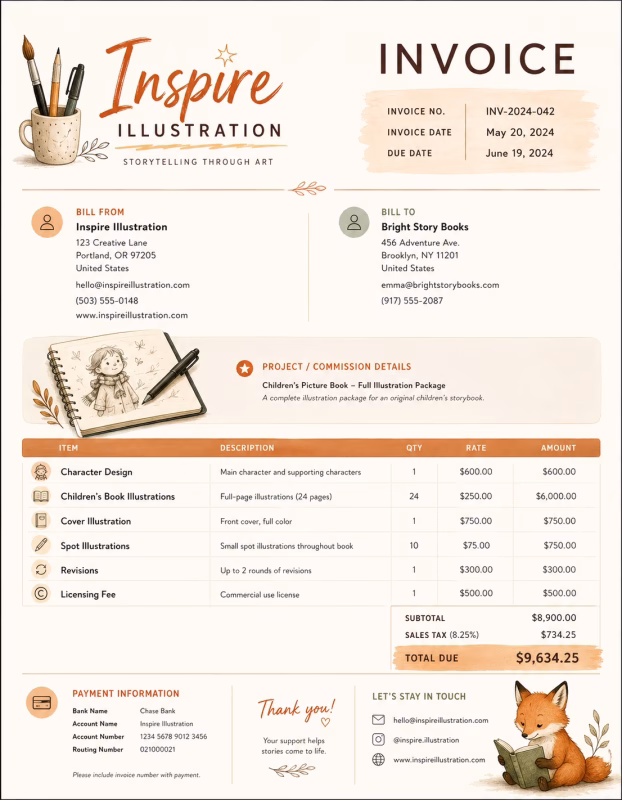 Illustrator invoice template showing illustration services, artwork details, project charges, and payment information