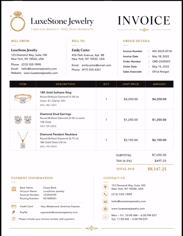 Jewelry invoice template showing jewelry products or services, item details, charges, and payment information