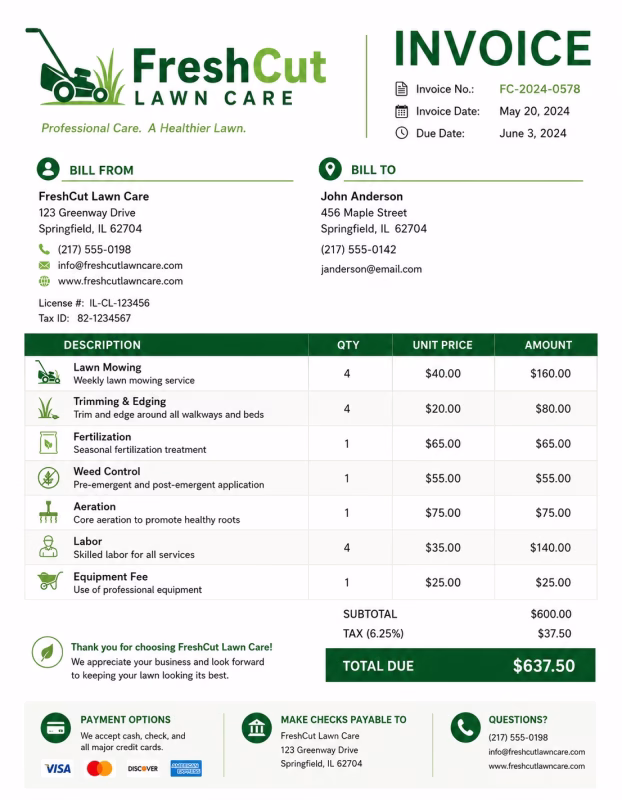 Lawn care invoice template showing mowing services, yard maintenance, labor charges, and payment details