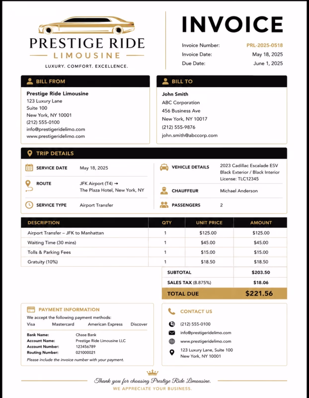 Limousine invoice template showing transportation services, trip details, hourly charges, and payment information
