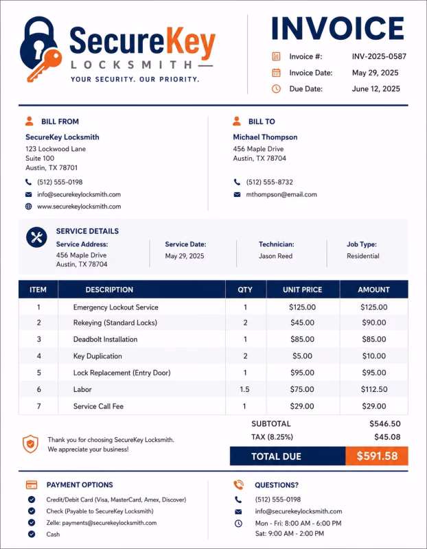 Locksmith invoice template showing lock repair, key replacement, service charges, and payment details