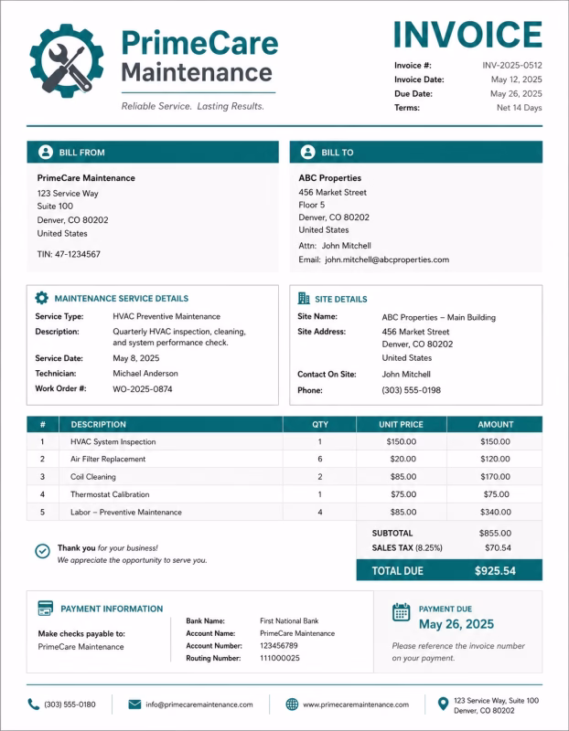 Maintenance invoice template showing maintenance services, labor charges, service details, and payment information