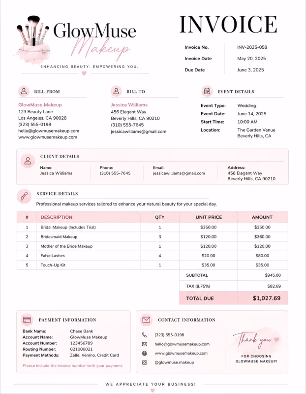 Makeup artist invoice template showing makeup services, appointment details, service charges, and payment information