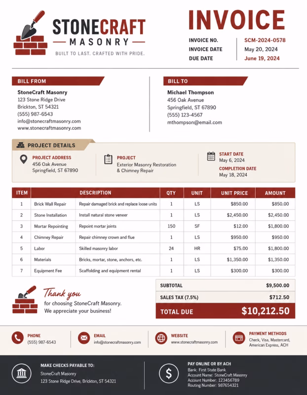 Masonry invoice template showing brickwork, stonework, labor charges, materials, and payment details