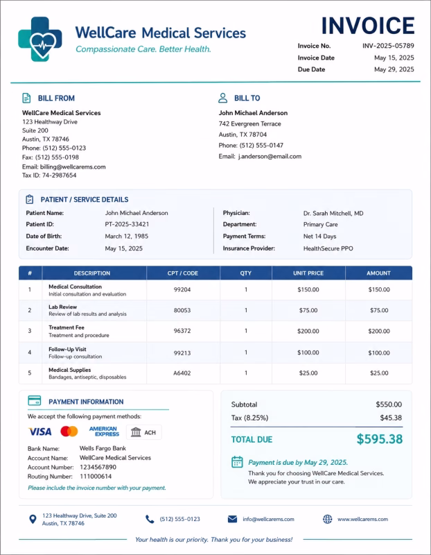 Medical invoice template showing medical services, treatment details, consultation fees, and payment information
